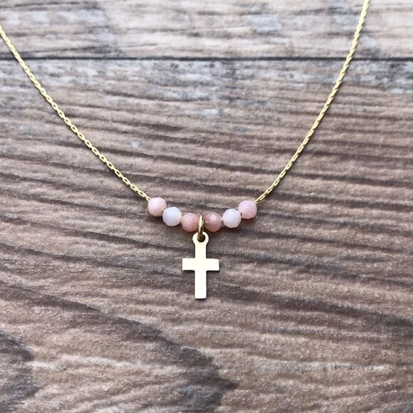 Beaded Cross necklace, gold, Easter gift, Christian gift, minimalist, gemstone, - Picture 4 of 6